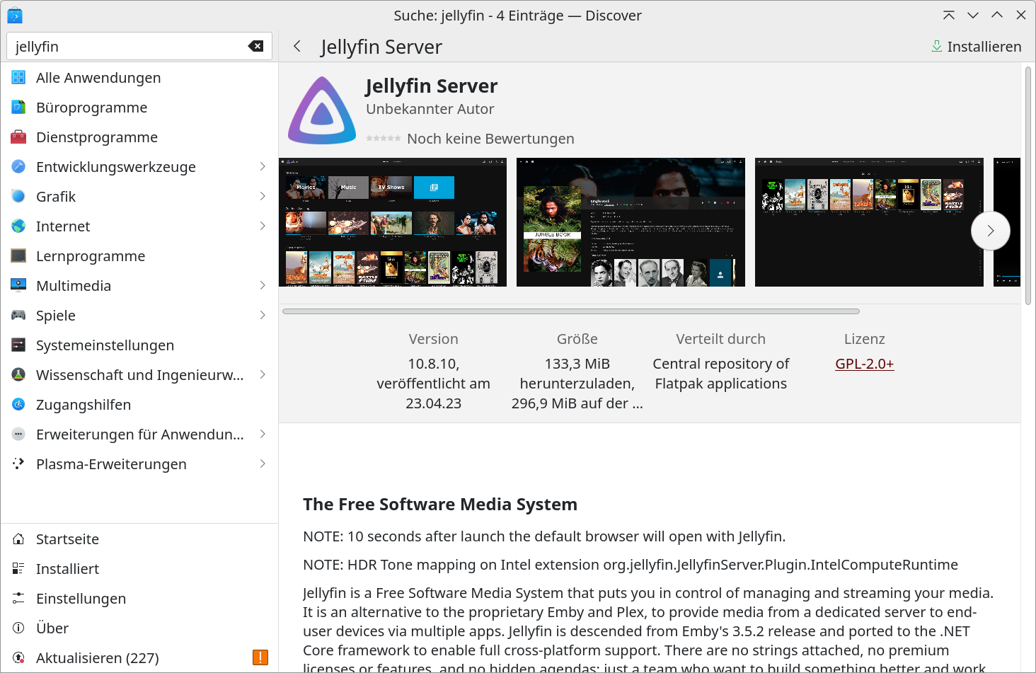 Jellyfin finden Sie in der Discover-Softwareverwaltung in Form eines Flatpak-Pakets.