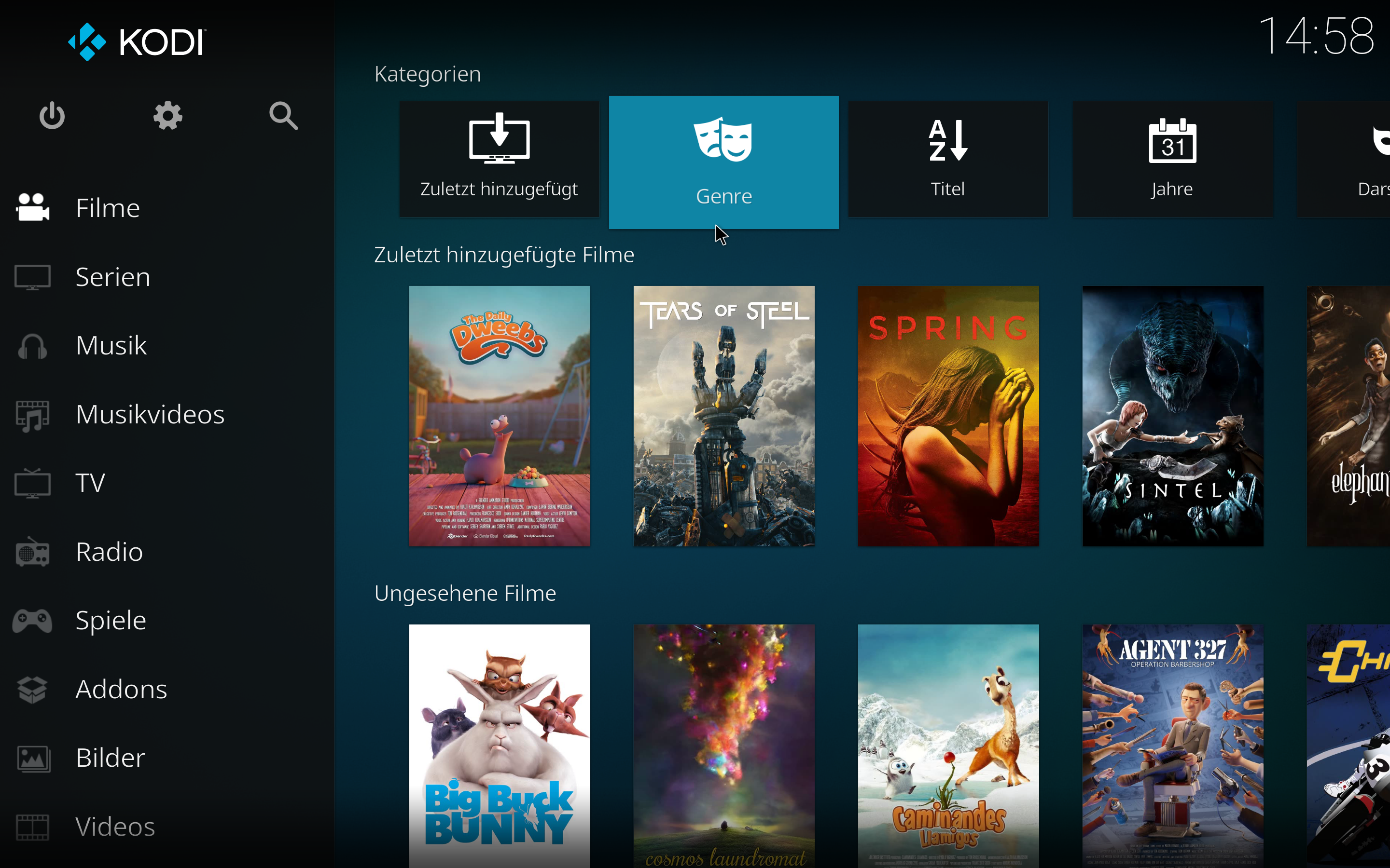 Die Übersicht gliedert Kodi nach Filmen, Serien, Musik und weiteren Kategorien.