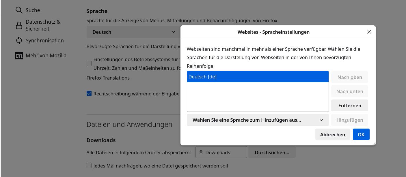 Einstellung der Standardsprache in Firefox