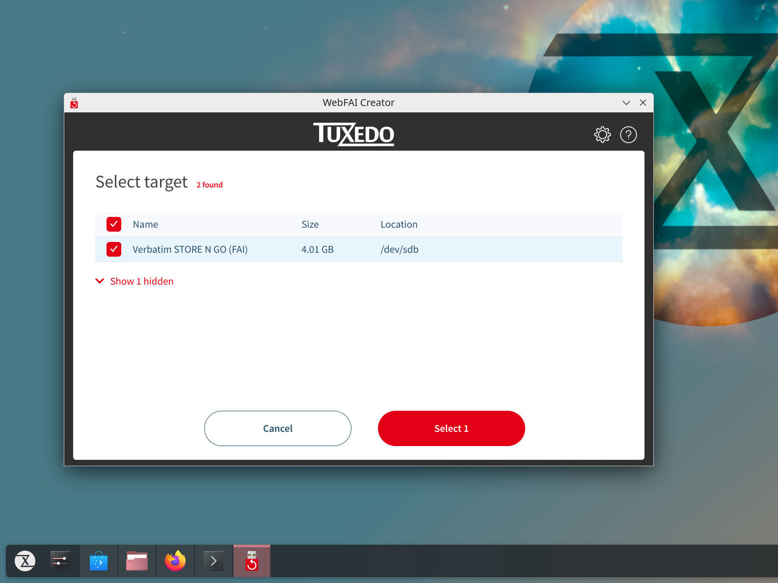 By default, the TUXEDO WebFAI Creator only displays external data carriers such as USB sticks for security reasons.