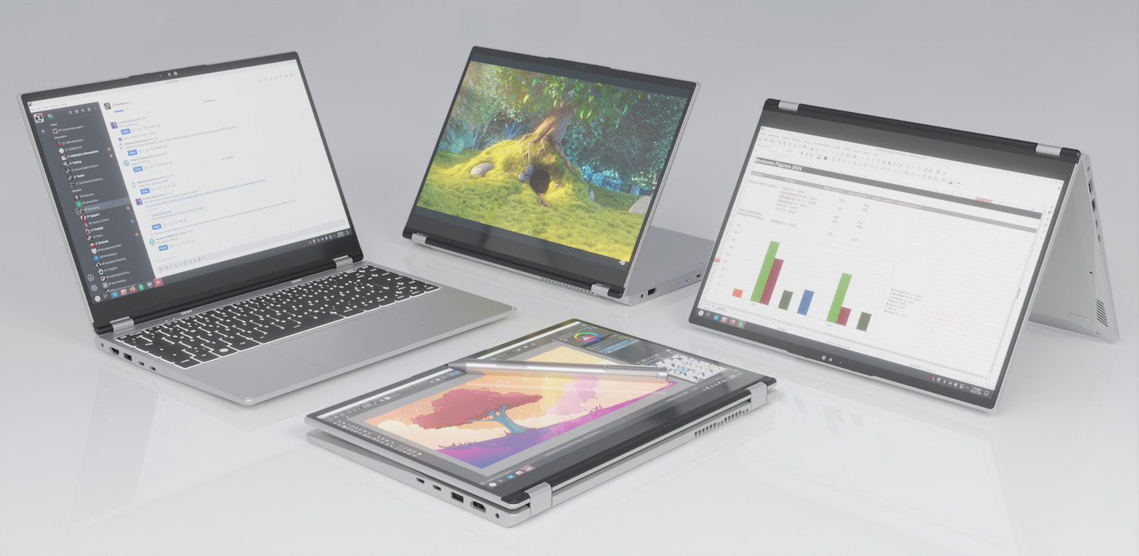 Infinitely flexible: The TUXEDO InfinityFlex 14 as a notebook, in presentation mode or as a tablet.