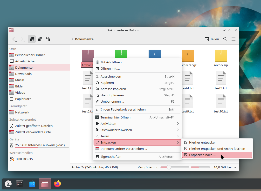 Der Dateimanager Dolphin von TUXEDO OS beherrscht direkt die wichtigsten Archivformate. Über Entpacken nach… wählen Sie das Ziel der zu extrahierenden Dateien direkt aus.