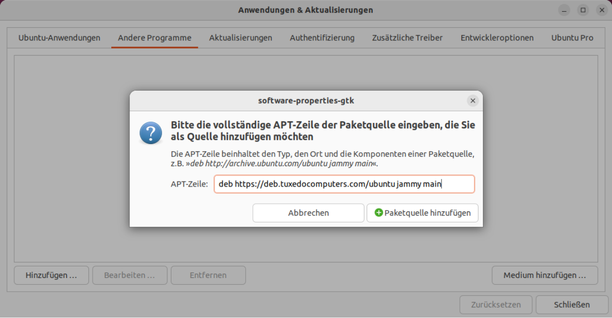 Im Menü Anwendungen & Aktualisierungen tragen Sie die TUXEDO-Paketquelle in die Softwareverwaltung von Ubuntu ein