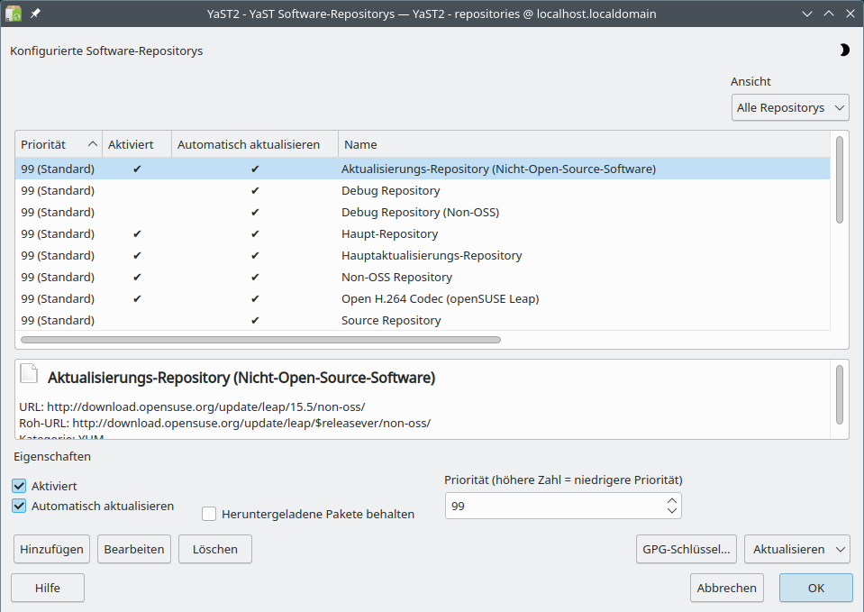 Nach Installation der Paketquelle führt YaST das TUXEDO-Repository mit auf. Mit einem Doppelklick deaktivieren Sie bei Bedarf die Paketquelle wieder.
