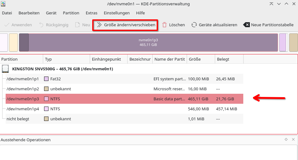 Die Windows-Partition wird verkleinert