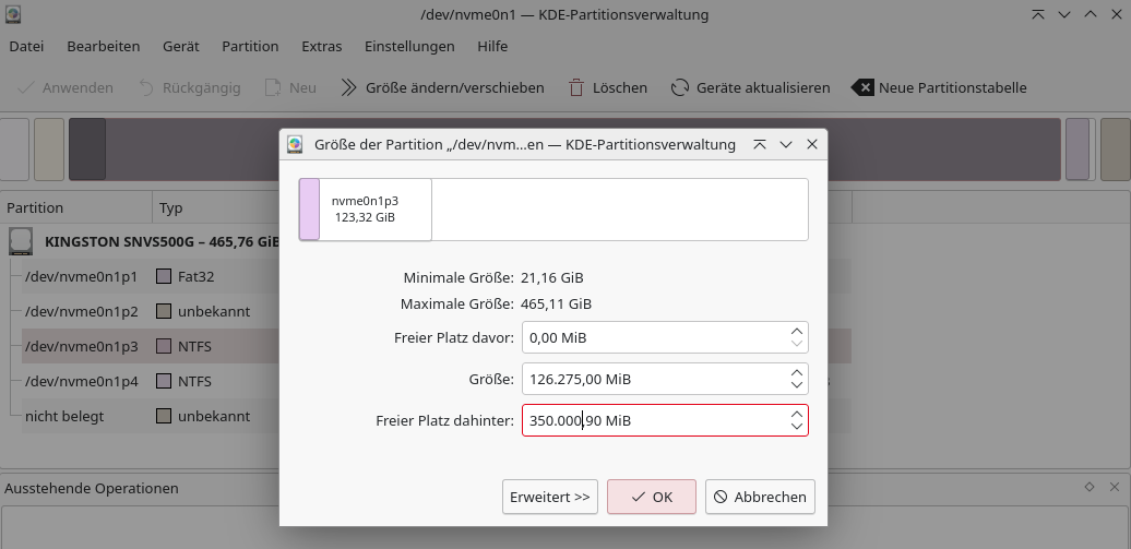 Wir verkleinern die Windows-Partition um 350 GByte