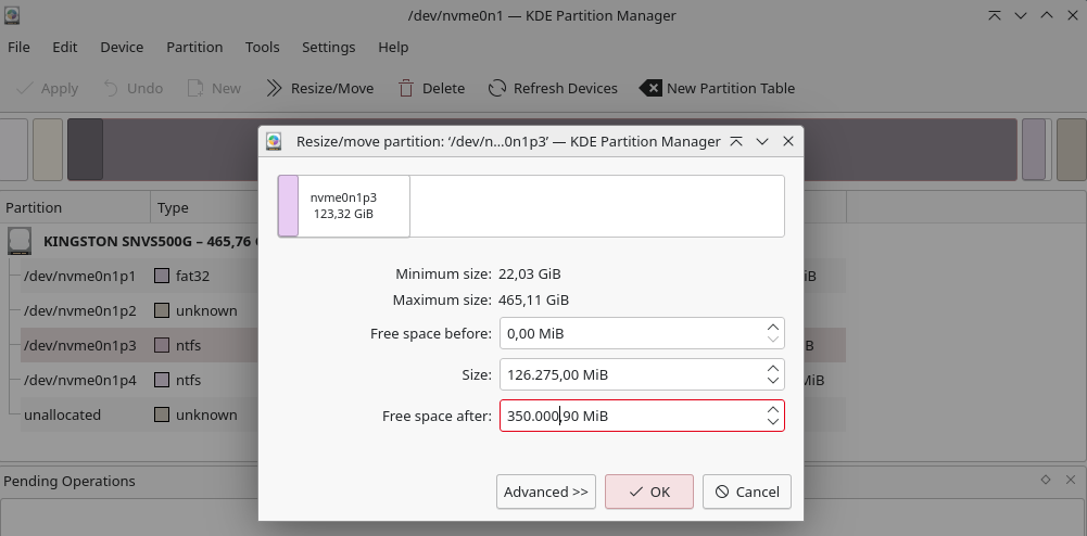 We reduce the Windows partition by 350 GByte