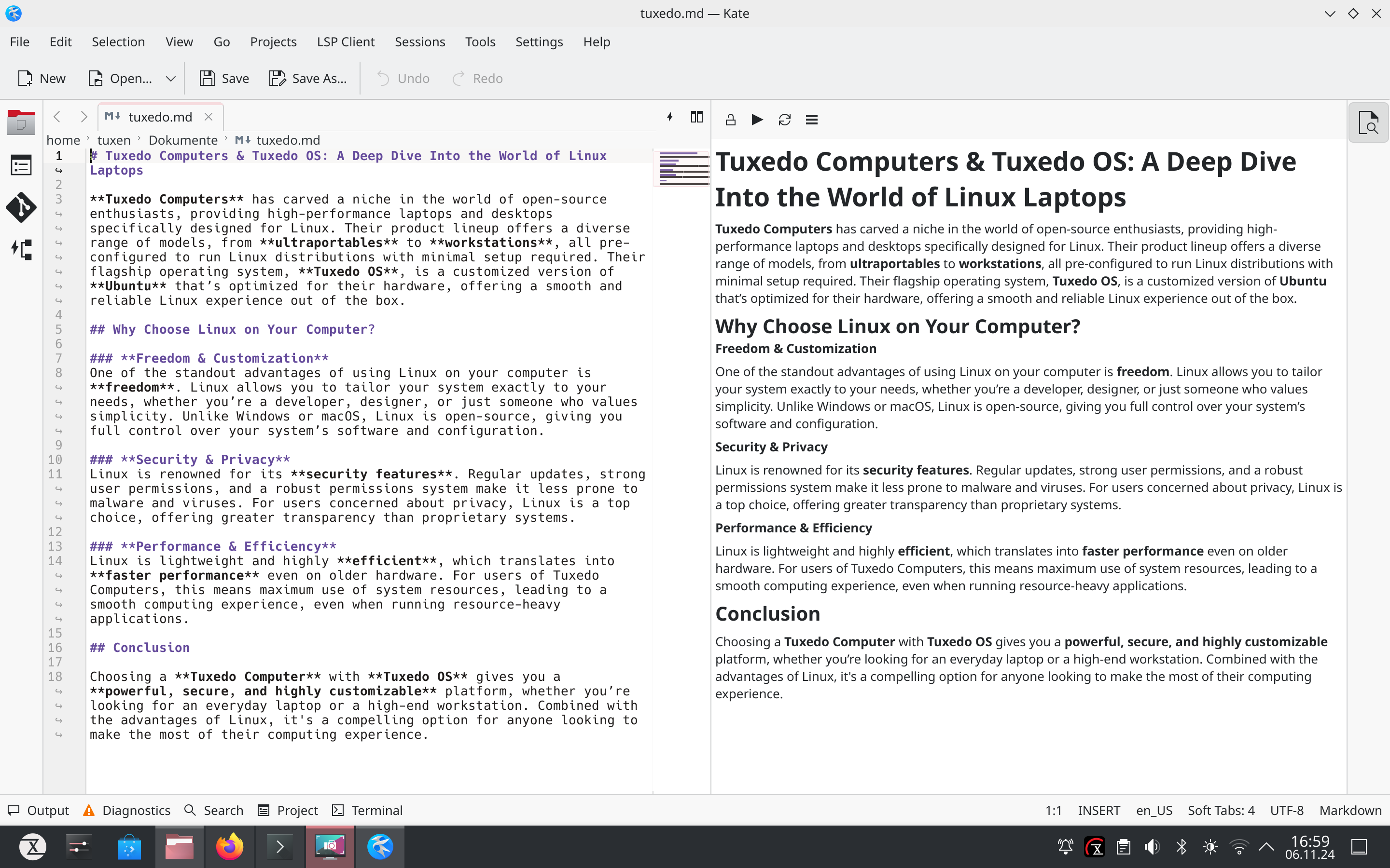 Kate on TUXEDO OS: Syntax highlighting, split view, and an integrated terminal – a powerful text editor for Linux users.