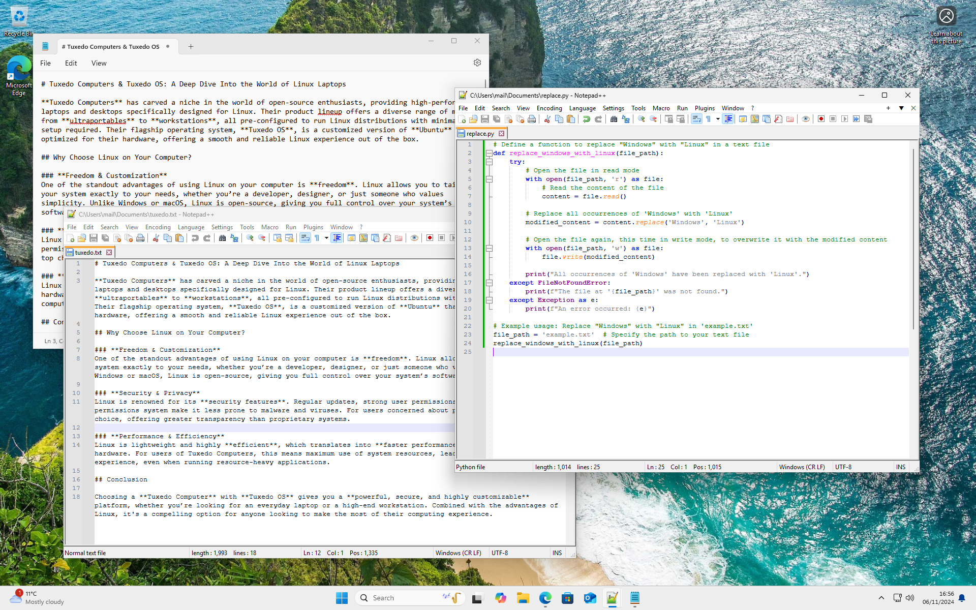 Notepad++ on Windows 11: A versatile editor with plugins, syntax highlighting, and tabs – flexible and extendable, much like Kate.