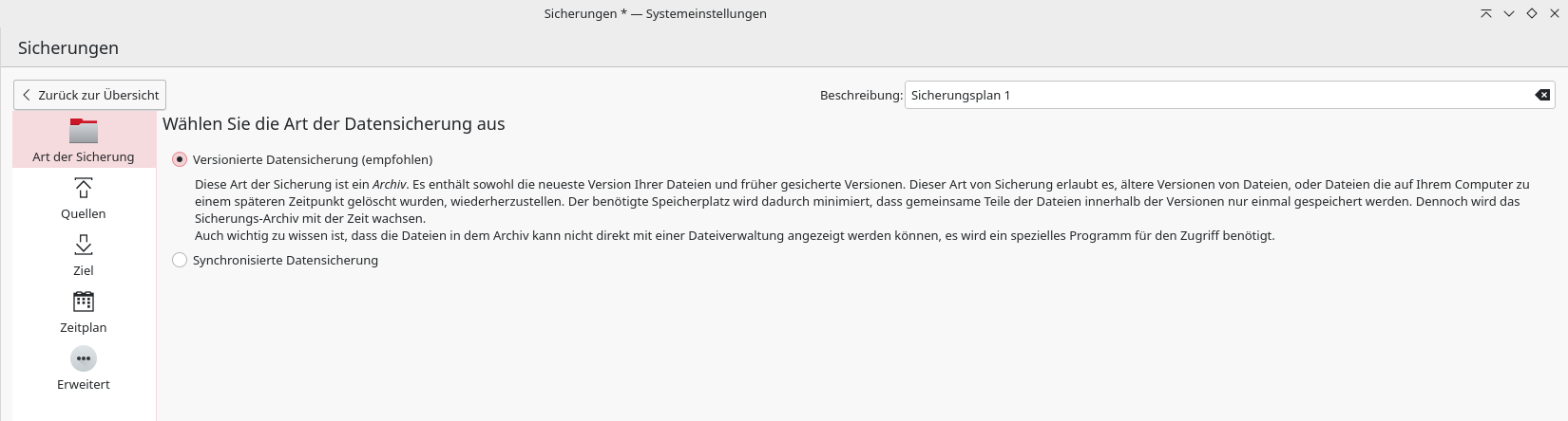 Die Versionierte Datensicherung ist die empfohlene Einstellung für Backups.