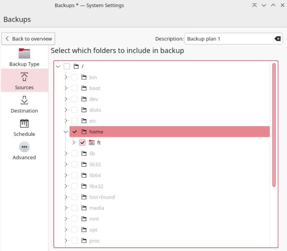 Here you choose your complete /home or parts of it for the backup.
