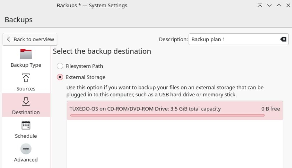 Next you choose an external storage location for your backup.