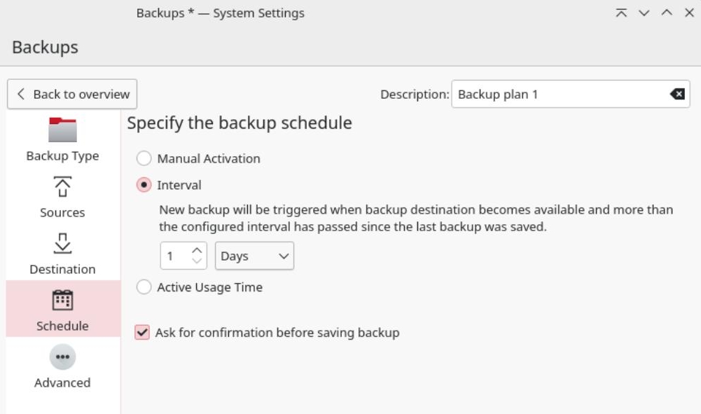 In this tab you set the intervals, in which backups are to be created.