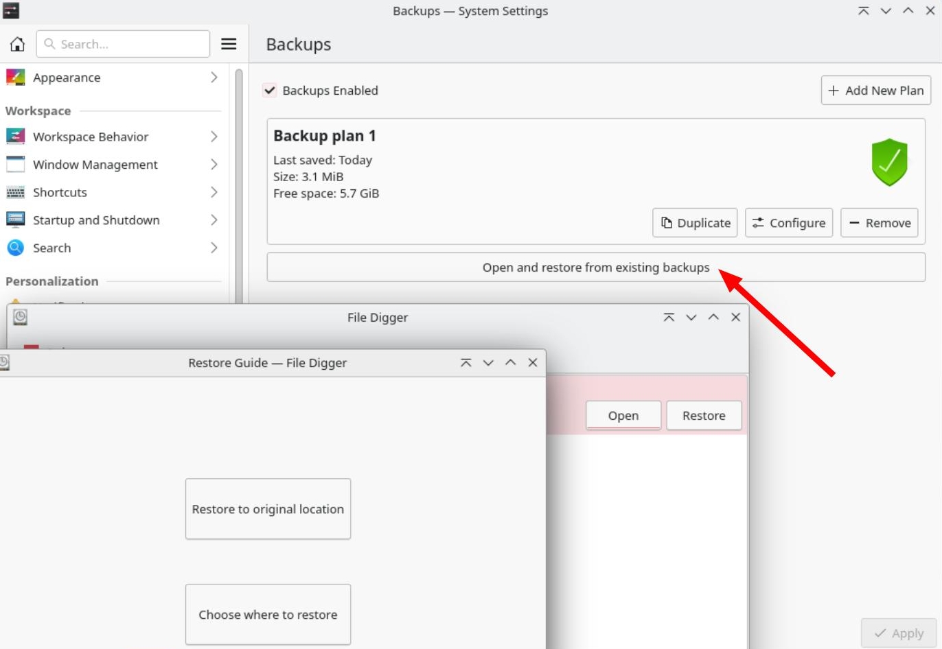 Your 'Backup plan' tab now shows a switch to restore a backup.