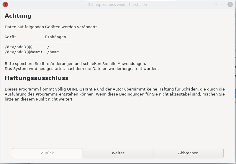 Vor der Wiederherstellung sehen Sie nochmals die vorzunehmenden Änderungen.