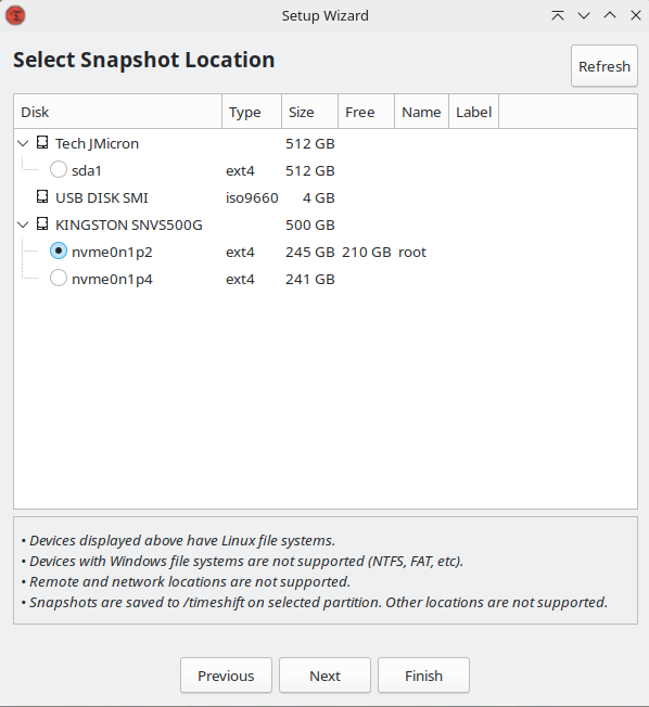 Select a snapshot location that has a Linux file system.