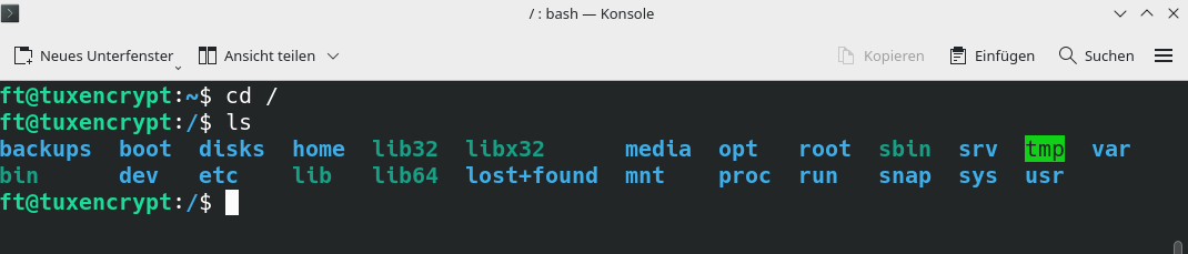 cd / takes you to the root directory. With [ls] you see the directories belonging to root with the exception of home