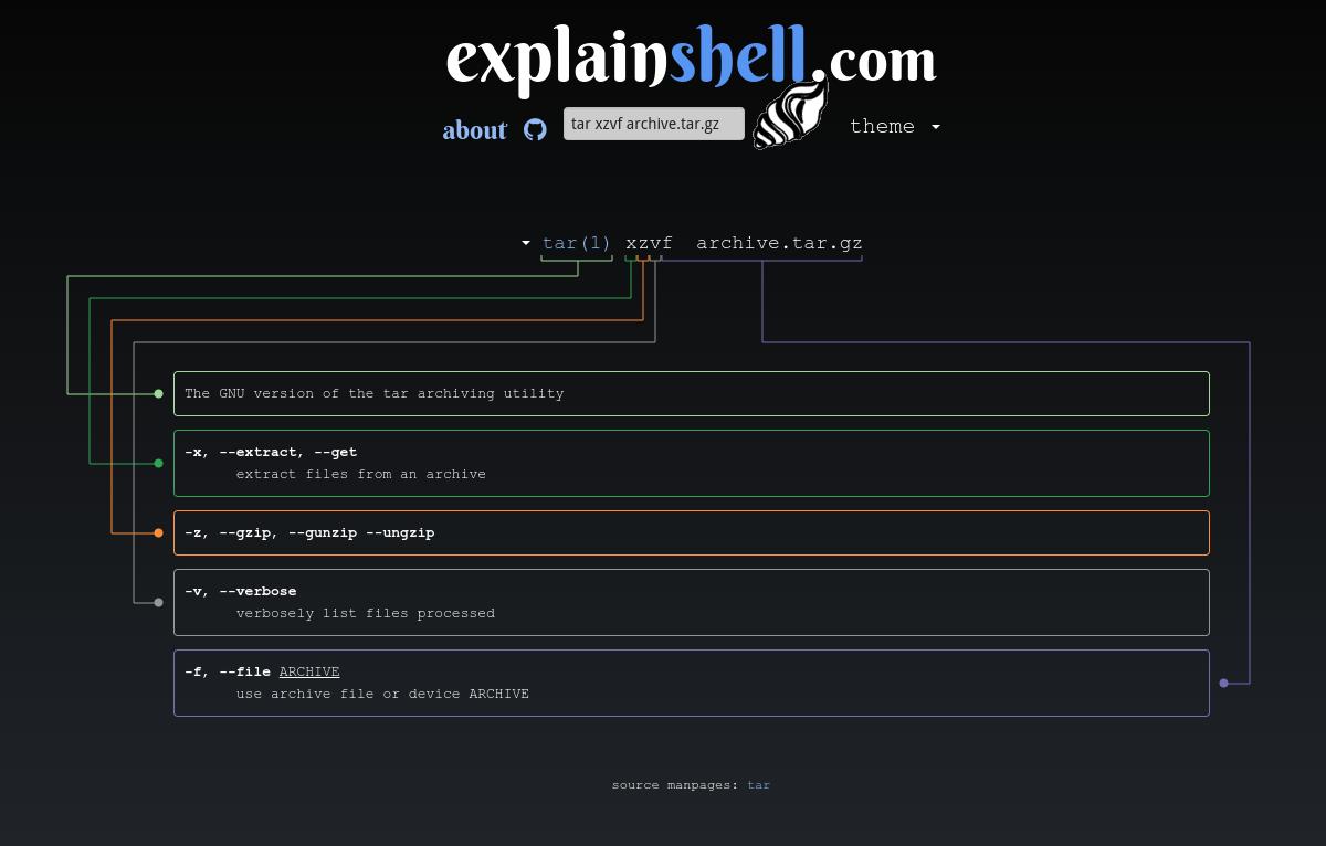 Here Explainshell disassembles the command to extract an archive