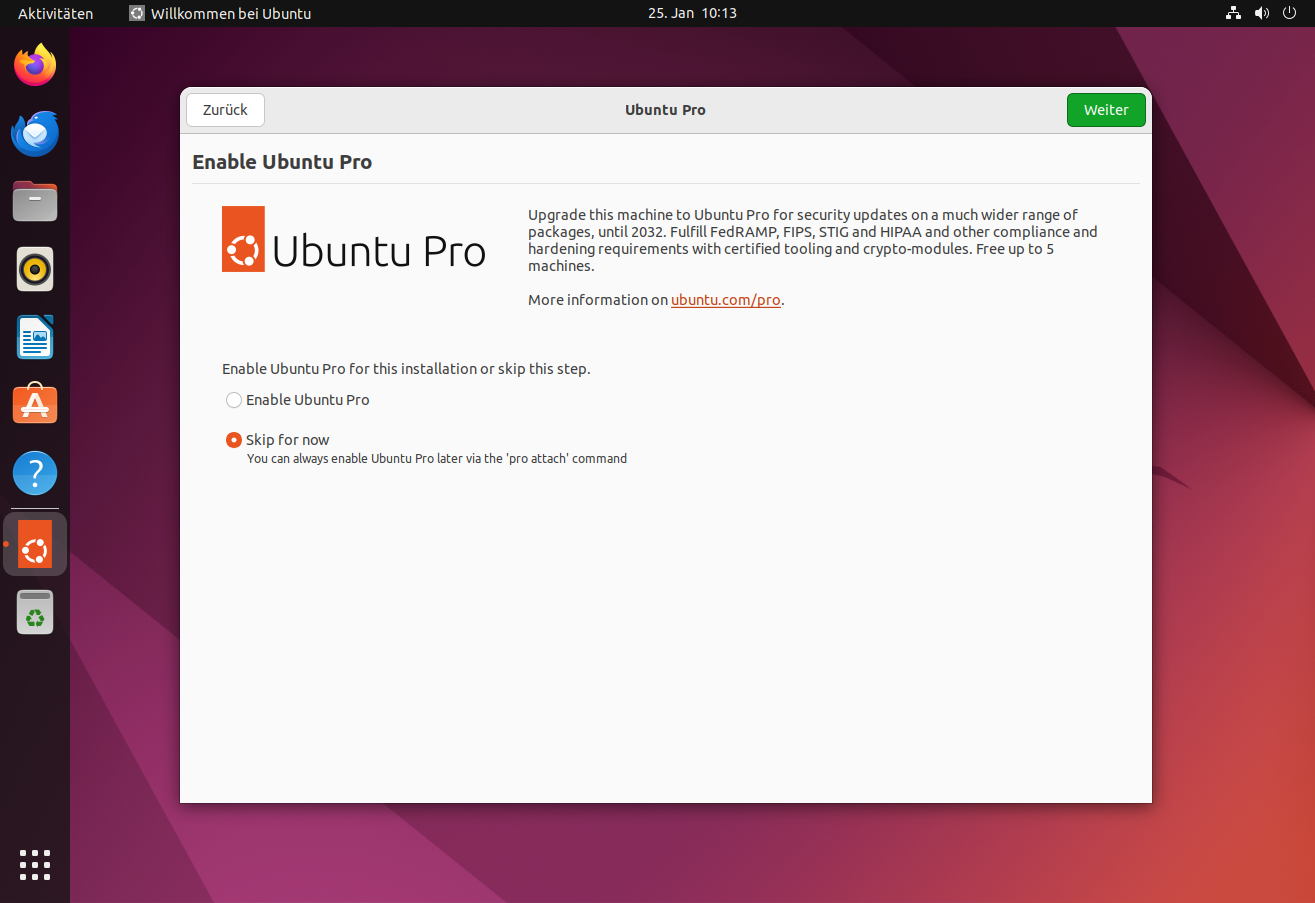 Der Einrichtungsassistent bietet direkt an, den Rechner bei Ubuntu Pro zu registrieren.