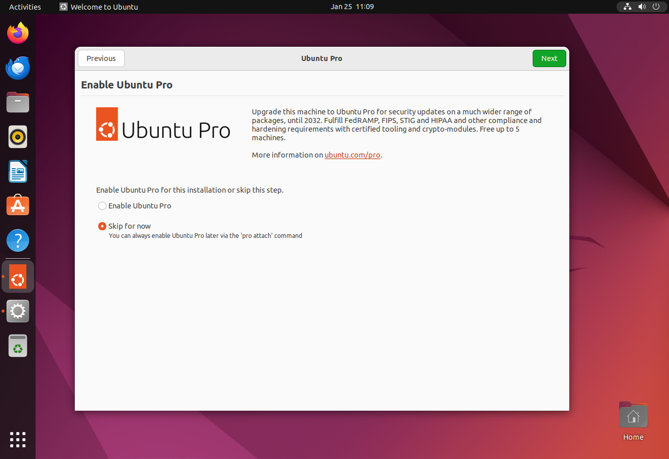 The setup wizard directly offers to register the machine with Ubuntu Pro.