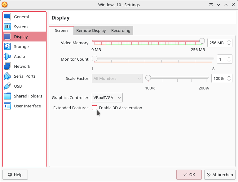 Activate the option <em>Enable 3D Acceleration</em>.