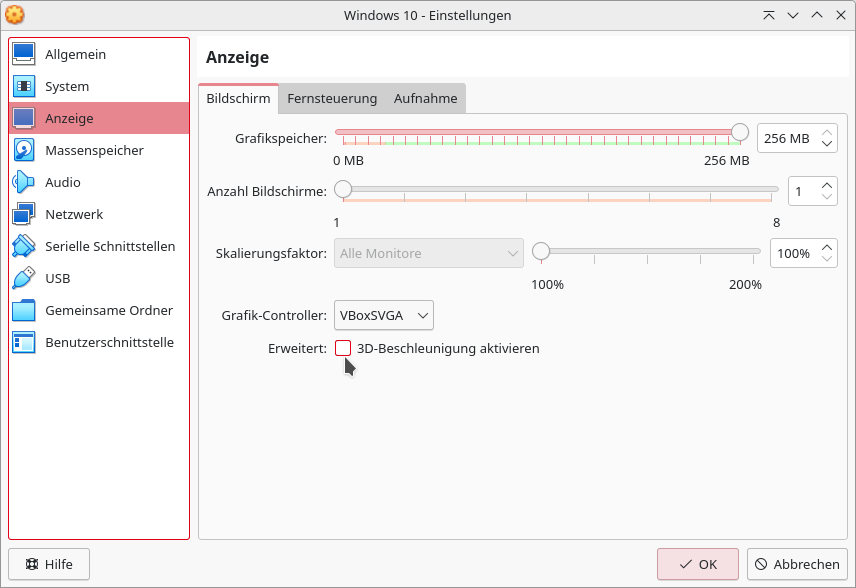 Setzen Sie einen Haken bei <em>3D-Beschleunigung aktivieren</em>.