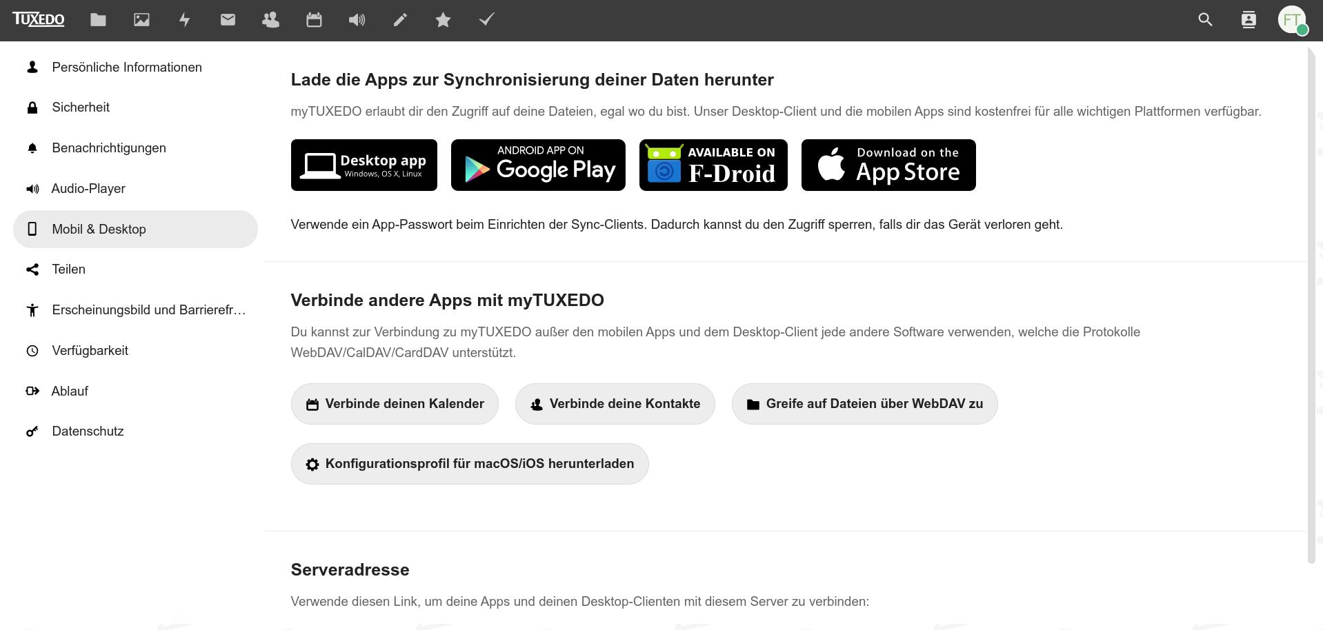 In den Einstellungen stehn Desktop- und mobile Apps zum Download bereit